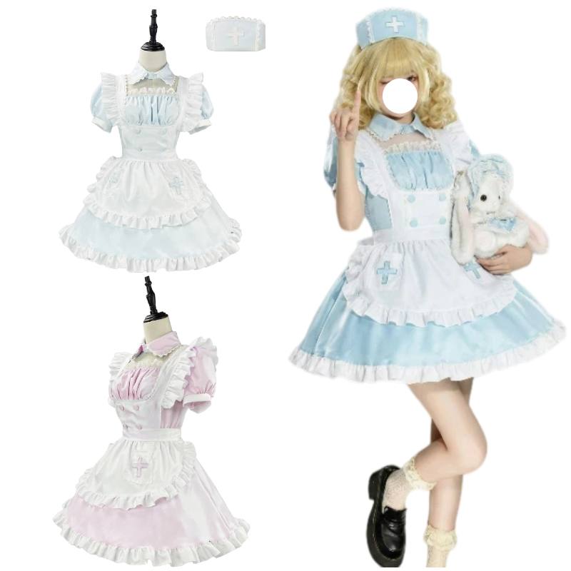 Anime Cosplay Nurse - Anime Krankenschwester-Uniform-Set Cosplay-Kostüm Niedliches Blaues/Rosa Dienstmädchen-Lolita-Kleid